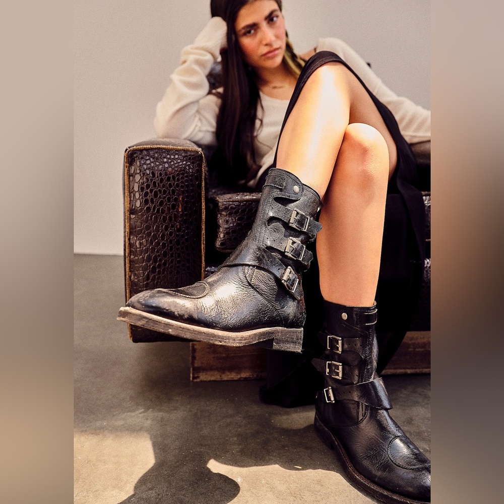We The Free Free People Dusty Black Leather Buckle Boots Sz 36.5